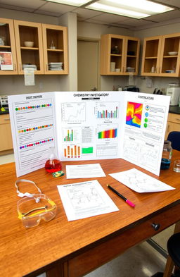 A detailed chemistry investigatory project displayed on a wooden table in a bright, well-organized laboratory