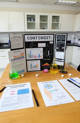 A detailed chemistry investigatory project displayed on a wooden table in a bright, well-organized laboratory