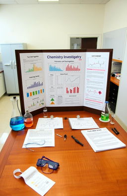 A detailed chemistry investigatory project displayed on a wooden table in a bright, well-organized laboratory