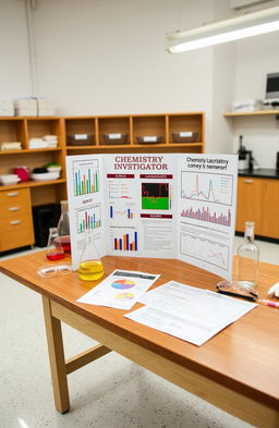 A detailed chemistry investigatory project displayed on a wooden table in a bright, well-organized laboratory