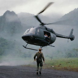 Capture the scene as a battered Dr. Alan Grant bravely boards a waiting helicopter in the midst of Jurassic Park's chaos. The aircraft's blades spin to life, ready to lift off from the storm-lashed landscapes of Isla Nublar.