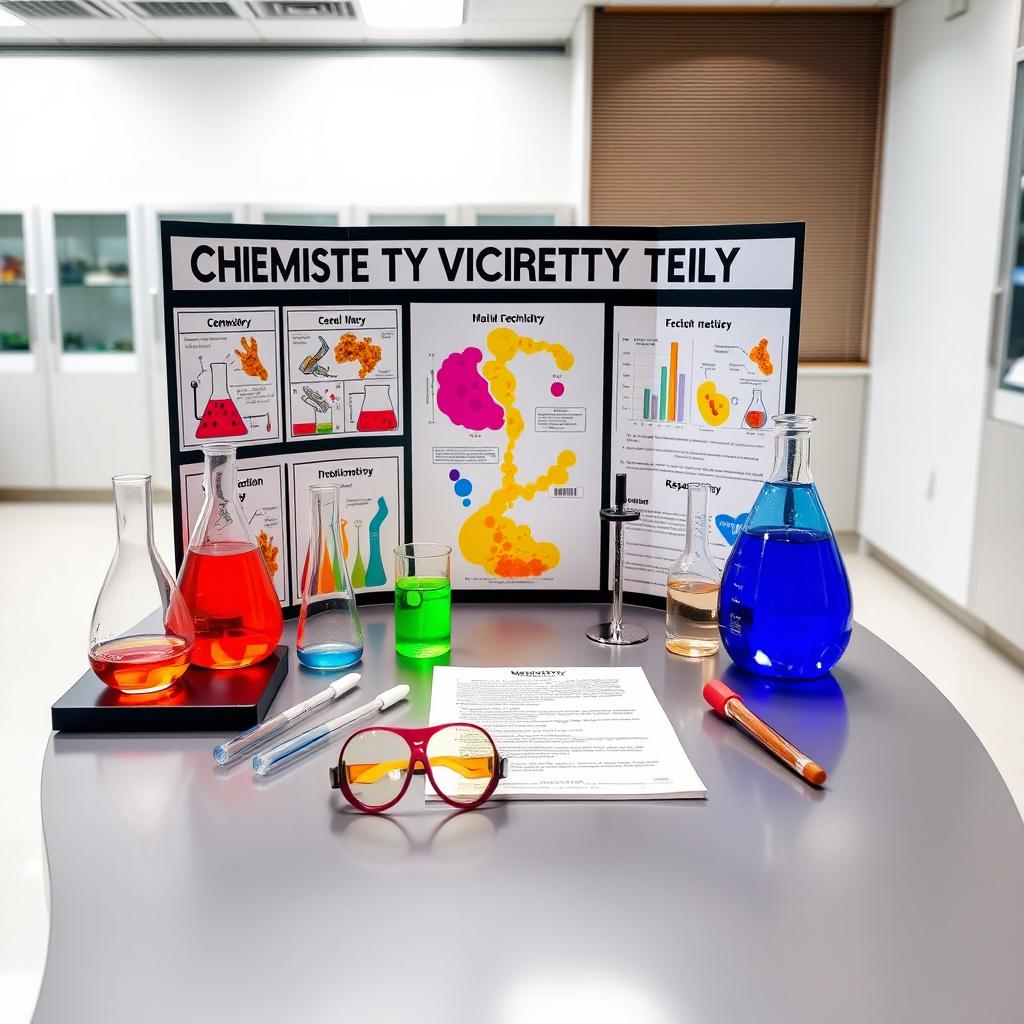 A visually striking chemistry investigatory project presentation on a sleek table in a modern laboratory