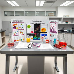 A visually striking chemistry investigatory project presentation on a sleek table in a modern laboratory