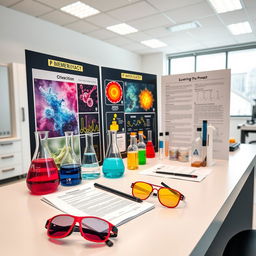 A visually striking chemistry investigatory project presentation on a sleek table in a modern laboratory