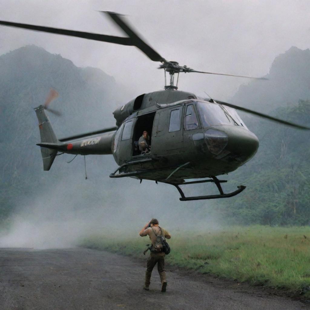 Capture the scene as a battered Dr. Alan Grant bravely boards a waiting helicopter in the midst of Jurassic Park's chaos. The aircraft's blades spin to life, ready to lift off from the storm-lashed landscapes of Isla Nublar.