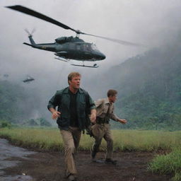 Capture the scene as a battered Dr. Alan Grant bravely boards a waiting helicopter in the midst of Jurassic Park's chaos. The aircraft's blades spin to life, ready to lift off from the storm-lashed landscapes of Isla Nublar.