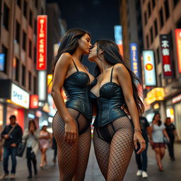 A tall, slender Black woman and a Chinese woman, both with long legs, sharing a passionate kiss at night in a bustling urban street