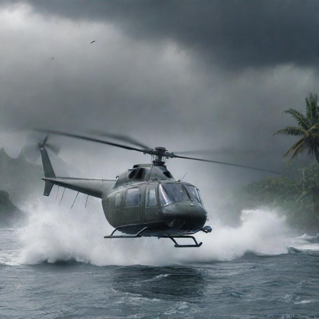 Create a final image of Dr. Alan Grant's helicopter taking off, leaving behind the storm-ravaged Jurassic Park on Isla Nublar. The dramatic escape over turbulent waters and the dinosaur-inhabited island portray the end of his thrilling journey.