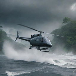 Create a final image of Dr. Alan Grant's helicopter taking off, leaving behind the storm-ravaged Jurassic Park on Isla Nublar. The dramatic escape over turbulent waters and the dinosaur-inhabited island portray the end of his thrilling journey.