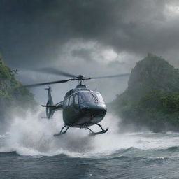 Create a final image of Dr. Alan Grant's helicopter taking off, leaving behind the storm-ravaged Jurassic Park on Isla Nublar. The dramatic escape over turbulent waters and the dinosaur-inhabited island portray the end of his thrilling journey.