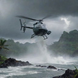 Create a final image of Dr. Alan Grant's helicopter taking off, leaving behind the storm-ravaged Jurassic Park on Isla Nublar. The dramatic escape over turbulent waters and the dinosaur-inhabited island portray the end of his thrilling journey.