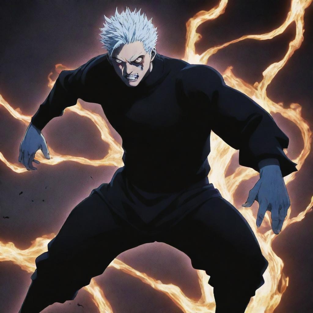 Bachira Meguru from Blue Lock executing a move named 'The Black Flash', originated from Jujutsu Kaisen, onto a distorted, ominous cursed spirit.