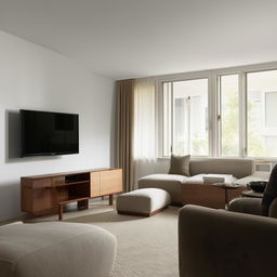 A rectangular living room with a contemporary TV unit facing an L-shaped couch and a large, plush chair. The room is characterised by corner windows, casting a welcoming glow of natural light throughout the space.