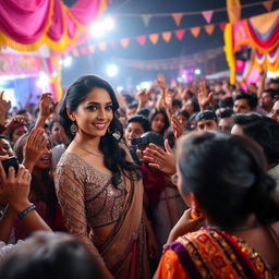 A dramatic scene showcasing a dynamic interaction between an Indian female actress and a large crowd of fans at a vibrant outdoor festival