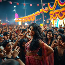 A dramatic scene showcasing a dynamic interaction between an Indian female actress and a large crowd of fans at a vibrant outdoor festival