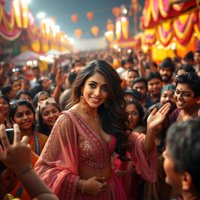 A dramatic scene showcasing a dynamic interaction between an Indian female actress and a large crowd of fans at a vibrant outdoor festival