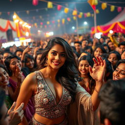 A dramatic scene showcasing a dynamic interaction between an Indian female actress and a large crowd of fans at a vibrant outdoor festival