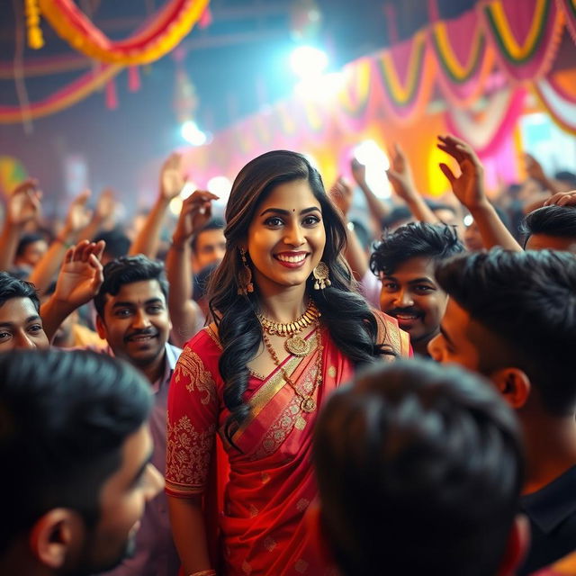 A vibrant scene depicting an Indian female actress at a lively cultural event, surrounded by an enthusiastic male crowd