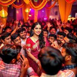 A vibrant scene depicting an Indian female actress at a lively cultural event, surrounded by an enthusiastic male crowd