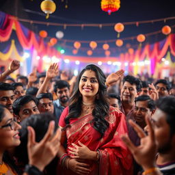 A vibrant scene depicting an Indian female actress at a lively cultural event, surrounded by an enthusiastic male crowd