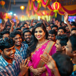 A vibrant scene depicting an Indian female actress at a lively cultural event, surrounded by an enthusiastic male crowd