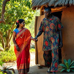 An Indian lady dressed in colorful traditional attire, with intricate patterns and jewelry, is being gracefully led into a rustic African hut by an African man wearing a vibrant, patterned shirt and traditional pants