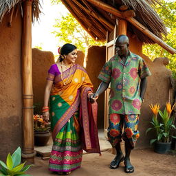 An Indian lady dressed in colorful traditional attire, with intricate patterns and jewelry, is being gracefully led into a rustic African hut by an African man wearing a vibrant, patterned shirt and traditional pants