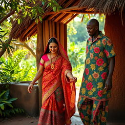 An Indian lady dressed in colorful traditional attire, with intricate patterns and jewelry, is being gracefully led into a rustic African hut by an African man wearing a vibrant, patterned shirt and traditional pants