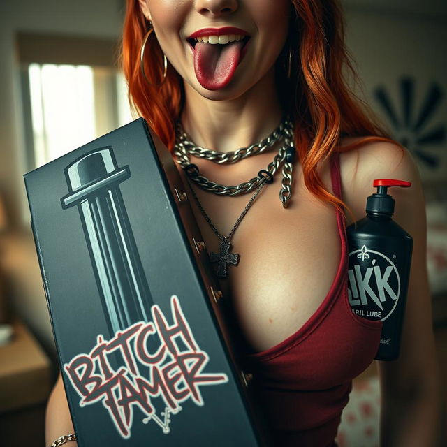A close-up shot focusing on the chest and torso of a sexy female redhead wearing a tank top adorned with punk chains