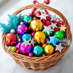 A beautifully arranged basket filled with Christmas items, including vibrant colored ornaments, sparkling stars, and festive decorations