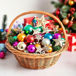 A beautifully arranged basket filled with Christmas items, including vibrant colored ornaments, sparkling stars, and festive decorations