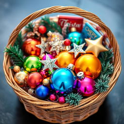 A beautifully arranged basket filled with Christmas items, including vibrant colored ornaments, sparkling stars, and festive decorations