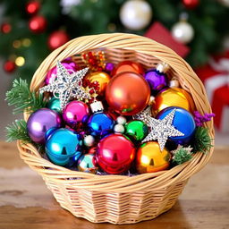 A beautifully arranged basket filled with Christmas items, including vibrant colored ornaments, sparkling stars, and festive decorations