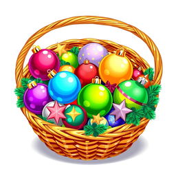 A vibrant illustration of a basket filled with assorted Christmas items, including colorful ornaments and sparkling stars