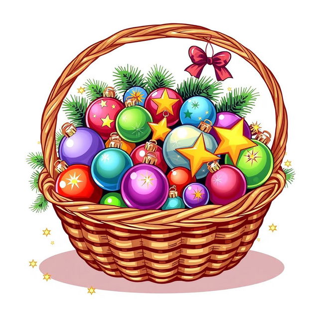 A vibrant illustration of a basket filled with assorted Christmas items, including colorful ornaments and sparkling stars