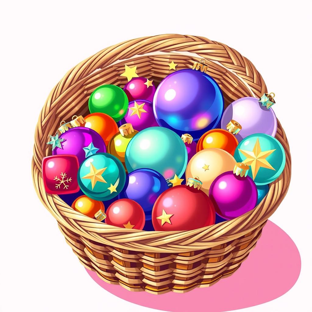 A vibrant illustration of a basket filled with assorted Christmas items, including colorful ornaments and sparkling stars