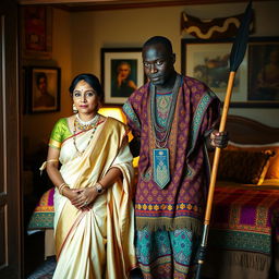 An Indian lady in an elegant traditional dress, adorned with beautiful jewelry, is being gently led into a cozy room by an African man