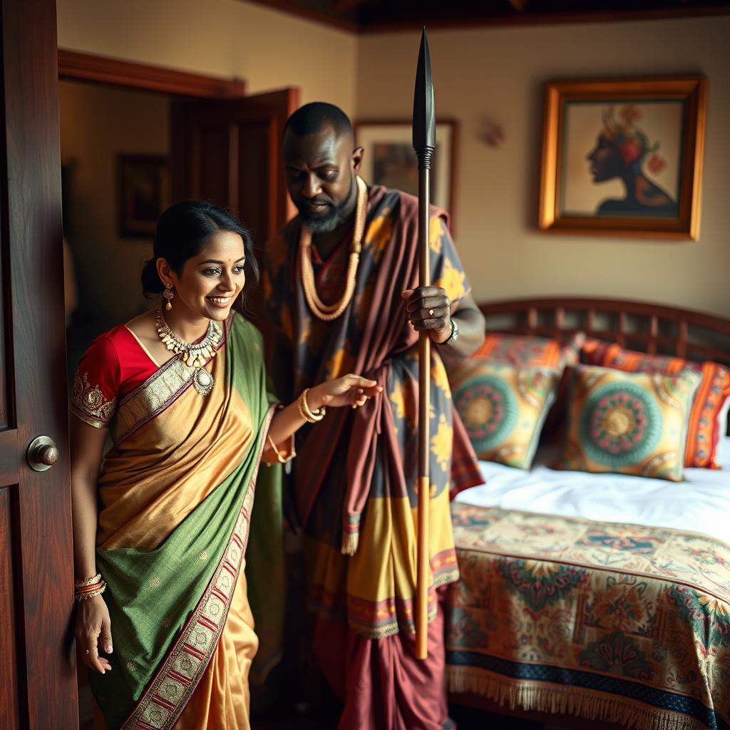 An Indian lady in an elegant traditional dress, adorned with beautiful jewelry, is being gently led into a cozy room by an African man