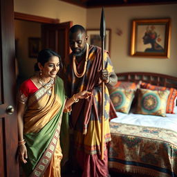 An Indian lady in an elegant traditional dress, adorned with beautiful jewelry, is being gently led into a cozy room by an African man