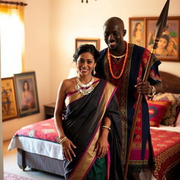 An Indian lady in an elegant traditional dress, adorned with beautiful jewelry, is being gently led into a cozy room by an African man