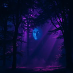 A mysterious twilight forest with ethereal lighting, dense trees casting long shadows, and a faint, surreal face emerging subtly among the branches