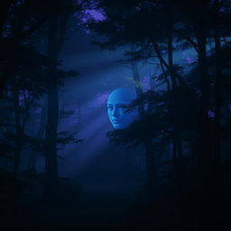 A mysterious twilight forest with ethereal lighting, dense trees casting long shadows, and a faint, surreal face emerging subtly among the branches