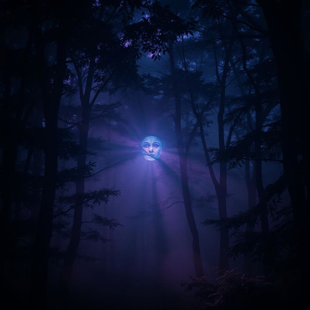 A mysterious twilight forest with ethereal lighting, dense trees casting long shadows, and a faint, surreal face emerging subtly among the branches