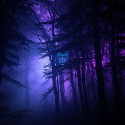 A mysterious twilight forest with ethereal lighting, dense trees casting long shadows, and a faint, surreal face emerging subtly among the branches