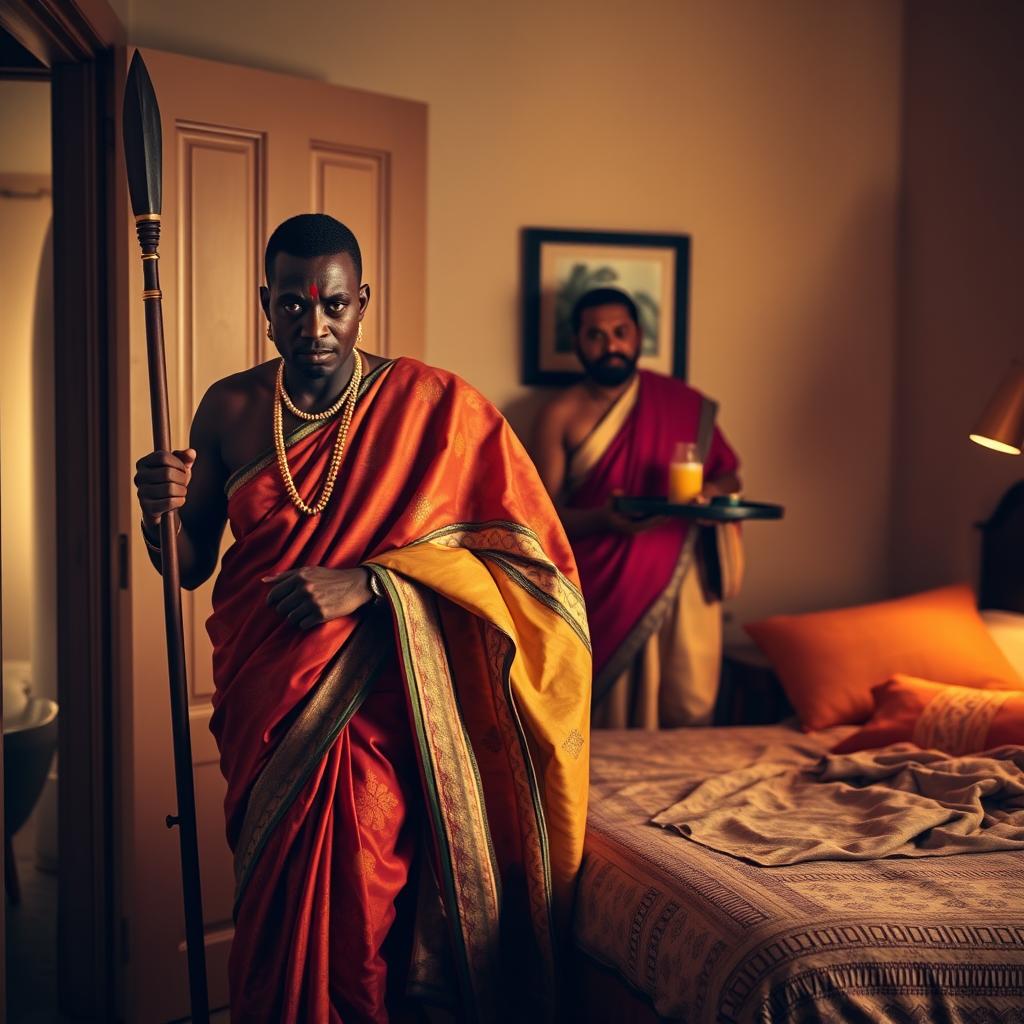 An Indian lady dressed in an elegant, colorful traditional outfit is being led into a softly lit room by an African man