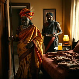 An Indian lady dressed in an elegant, colorful traditional outfit is being led into a softly lit room by an African man