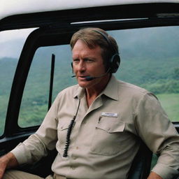 Render an image of a relieved Dr. Alan Grant in the helicopter, making a call to John Hammond, the architect of Jurassic Park. Over the fading landscapes of Isla Nublar, their conversations color the aftermath of a night of primal chaos.