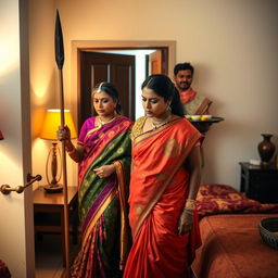 An Indian lady dressed in an elegant, colorful traditional outfit is being led into a softly lit room by an African man