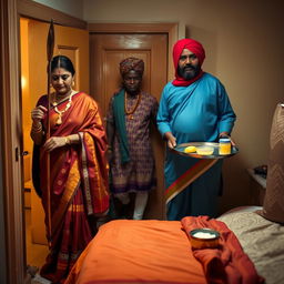 An Indian lady dressed in an elegant, colorful traditional outfit is being led into a softly lit room by an African man