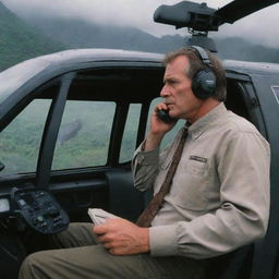 Render an image of a relieved Dr. Alan Grant in the helicopter, making a call to John Hammond, the architect of Jurassic Park. Over the fading landscapes of Isla Nublar, their conversations color the aftermath of a night of primal chaos.